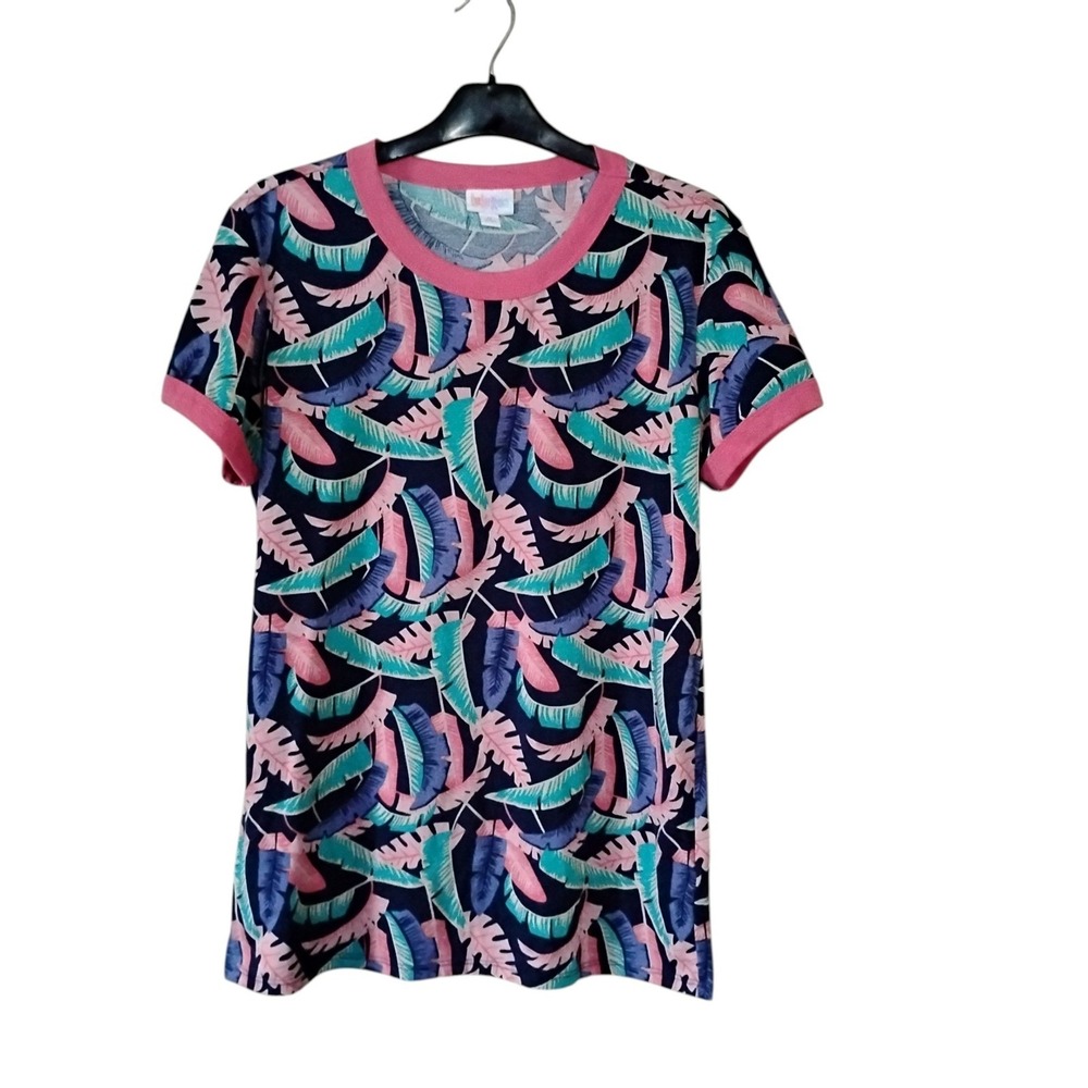 LuLaRoe Christie T-Shirt Medium Tropical Leaf Print Pink Teal Navy Crew Neck